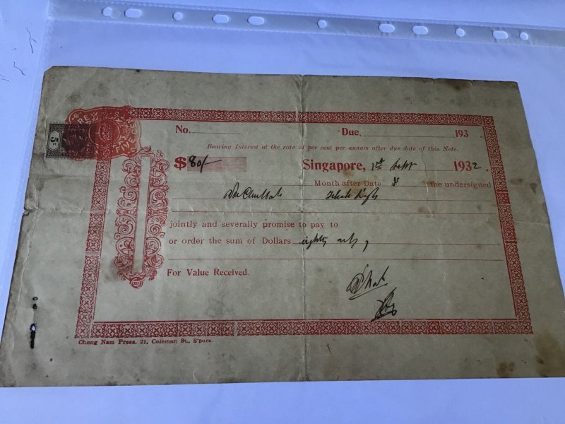 Singapore 1932 document with  revenue stamp  Ref R28506 