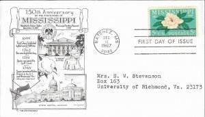 1967 FDC, #1337, 5c Mississippi 150th, Aristocrats-Lowry