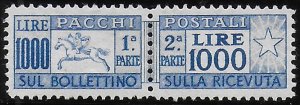 Merry Christmas - 1954 Italia parcel post stamps Lire 1.000 Cavallino bc MNH Sas