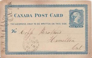 Canada 1c QV Postal Card 1881 C.W. Ry. East, Sarnia Branch to Hamilton, Ont. ...