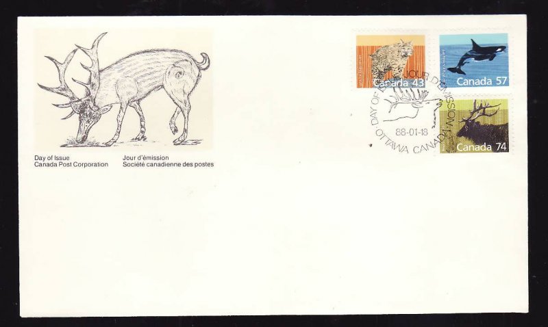 Canada-Sc#1170,1173,1177-stamps on FDC-Mammals-1988-