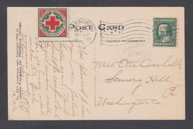 US Sc WX6 on 1910 Christmas Card, Kingsbury, Pa cds ties seal & 1c green Frankli 