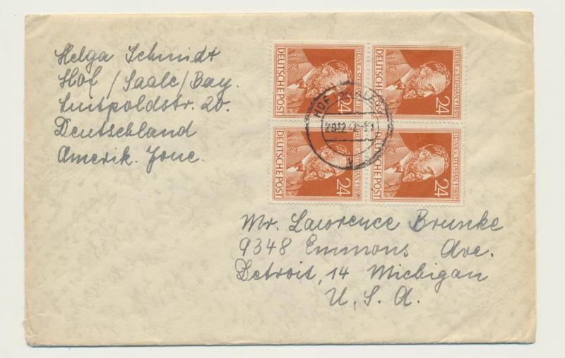 GERMANY 1947, 4x24pf HEINRICH von STEPHAN ISSUES ON COVER TO USA(SEE BELOW)