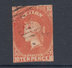 Ceylon SG 9, Sc 10 used 1857 10p dull vermilion QV, tiny surface scrape @ LR