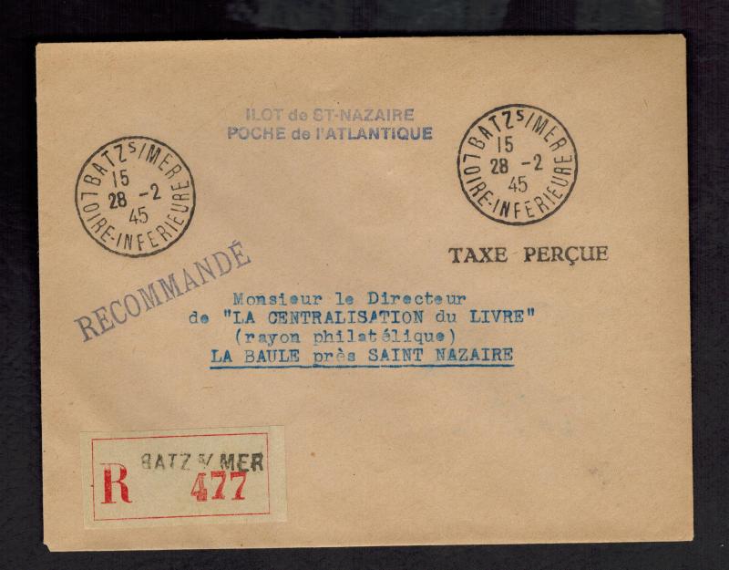 1945 St Nazaire France Stampless Cover La Baule taxe Percue