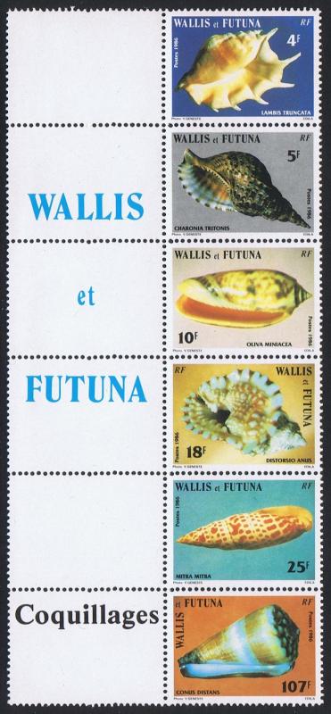 Wallis and Futuna Sea Shells strip of 6v with labels SG#481/86 SC#333-38