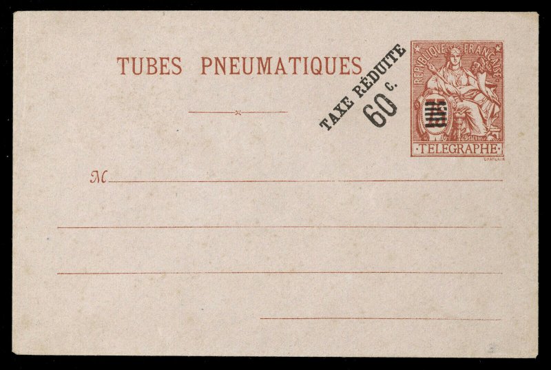 fr001 France Tubes Pneumatiques envelope 60c Taxe Reduite overprint unused