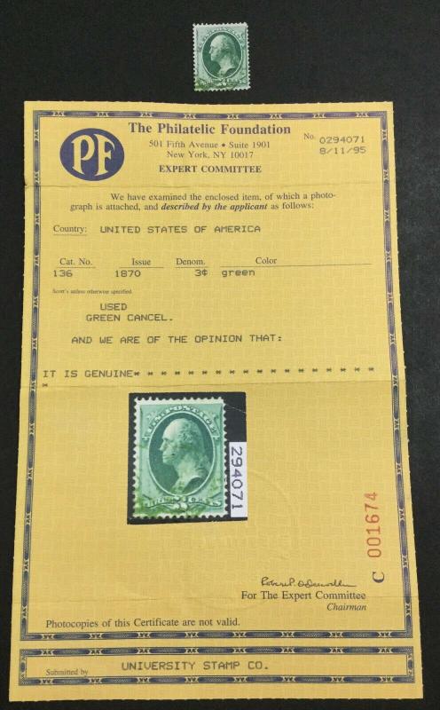 MOMEN: US #136 GRILLED GREEN CANCEL USED #26400