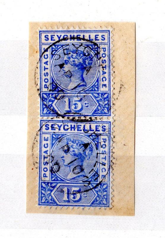 Seychelles QV 1900 15c Vertical Pair On Piece SG30 VFU X5094