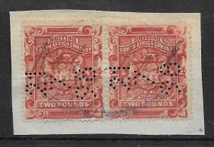 RHODESIA SG74 1897 £2 ROSY-RED PAIR FISCALLY USED ON PIECE