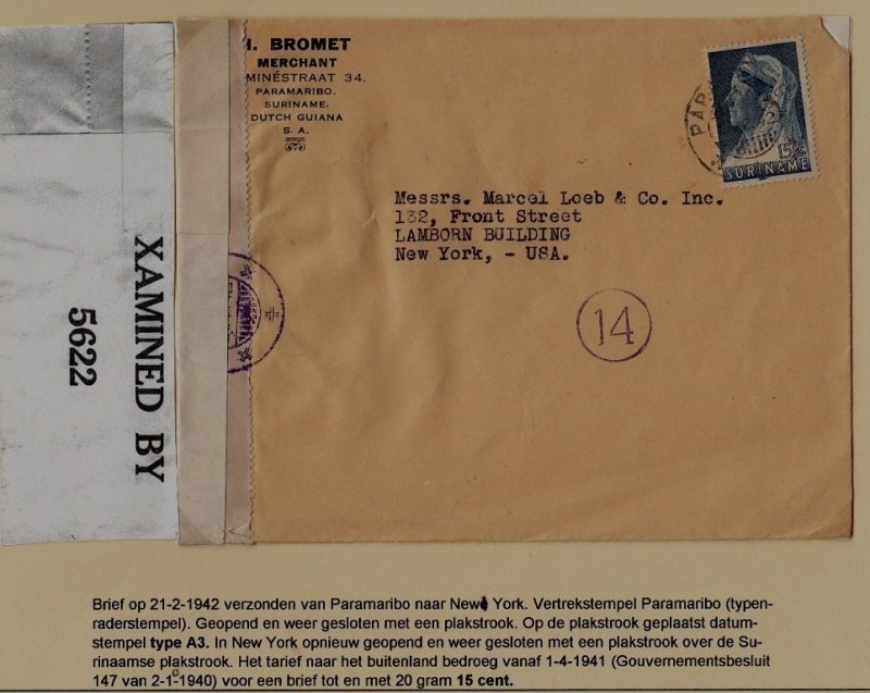Suriname/USA censored cover 21.2.42