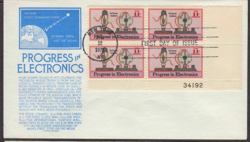1973 Progress in Electronics Sc C86 airmail plate block with C. Stephen Anderson