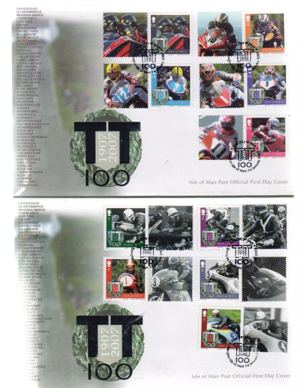 Isle of Man -  2007,  TT Races 100years, Perf.14½,  Set 10 on 2 FDC