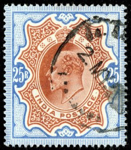 [mag606] INDIA 1909 King Edward 25 Rs. Postaly Used SG 147  Cat £ 3000