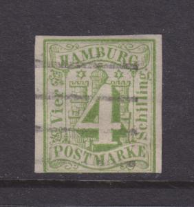 Hamburg Mi 5a used 1859 4s dark yellow green Numeral, 3 wide margins