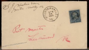 Virginia 1897 Mountain Valley VA USA DPO Helbock R5 Cover Leatherwood 92252