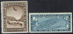 NEWFOUNDLAND 1931 AIRMAIL 15C AND $1 NO WMK 