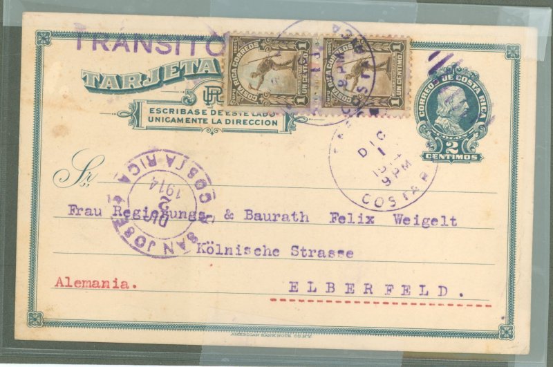 Costa Rica UX 1914 2 cent p.C. + 2 cent for foreign rate, used from Sarehi, San Jose transit