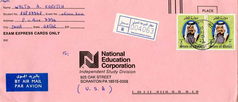 Qatar 3R Sheik Khalifa (2) 1991 Doha International Airport Registered Airmail...