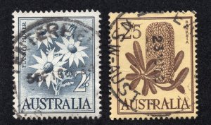 Australia 1959-64 2sh dark blue & 2sh5p brown on yellow, Scott 327, 329 used