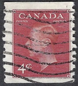 Canada #300 4¢ King George VI (1950). Dark carmine. Coil. Perf. 9 1/2. Used.