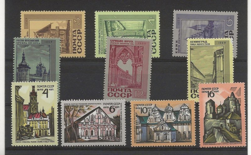 Russia 1968-72 Architecture 2 sets sg.3647-52 & 4080-3 (10 stamps)  MNH