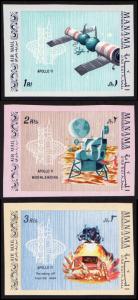 Manama Mi #213B-215B set/3 mnh - 1969 space - moon landing, Apollo 11 - imperf