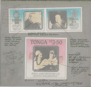 1986 BIRTHDAY QE.11 TONGA-FINAL DESIGN ARTWORK/CROMALIN MOUNTED PROOF BOARD SET