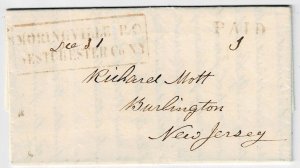 1853 Moringville P.O., Westchester Co., N.Y. boxed cancel in red on cover