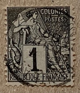 French Colonies 1881 1c Commerce, nicely used. Scott 46, CV $4.75