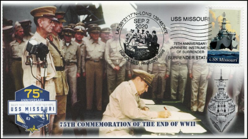 20-173, 2020, USS Missouri, Event Cover, Pictorial Postmark, WW II Surrender, 