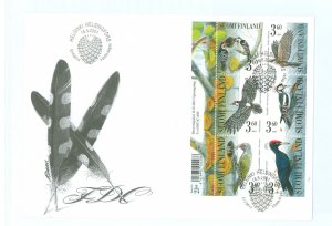 Finland 1156a 2001 Woodpeckers (birds) pane of six on an unaddressed, cacheted first day cover.