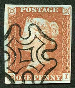 1841 Penny Red (RI) Four Margins AMAZING SCOTTISH CROSS