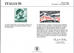 ENGRAVED USPS SOUVENIR CARD COMMEMORATING ITALIA '85 AT ROME ITALY 1985