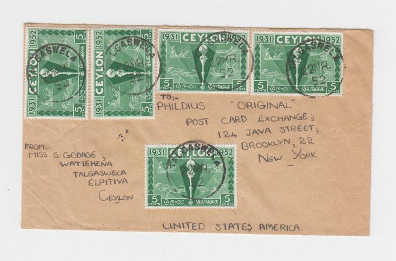 CEYLON -USA 1952 COVER, VERY SCARCE TALCASWELLA CDS, 25c RATE (SEE BELOW)