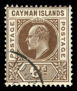 Cayman Islands 1905 KEVII 6d brown showing the DENTED FRAME variety VFU. SG 11a.