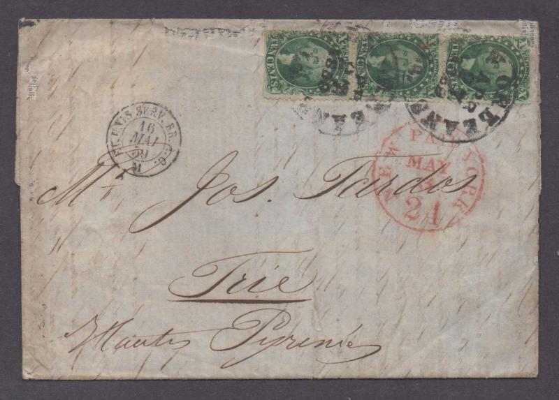 **US 19th Century Cover SC# 31, 32, 33 Strip of 3 on RARE Cover,1859, Encl 