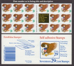 1992 Eagle & Shield GREEN 29c Sc 2596a MNH booklet of 17 plate number D43352