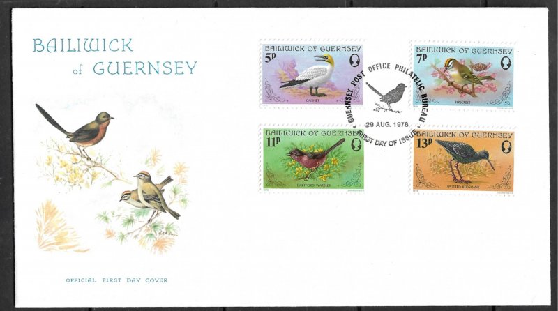 GUERNSEY 1978 BIRDS Set Sc 165-168 Cachet FDC