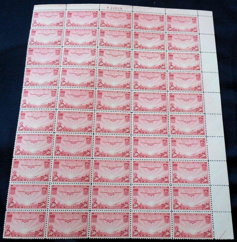 C22 50c China Clipper, VF+ OG NH, Top sheet of 50, m..MORE.. w8739