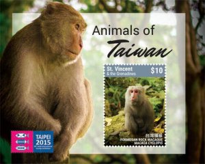 St. Vincent 2015 - Animals of Taiwan, Monkey, Stamp Expo - Souvenir Sheet - MNH