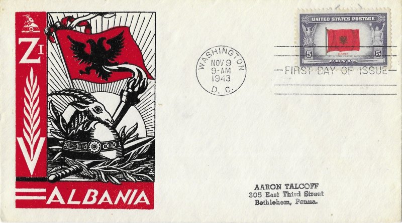 1943 FDC, #918, 5c Overrun Country - Albania, Smartcraft