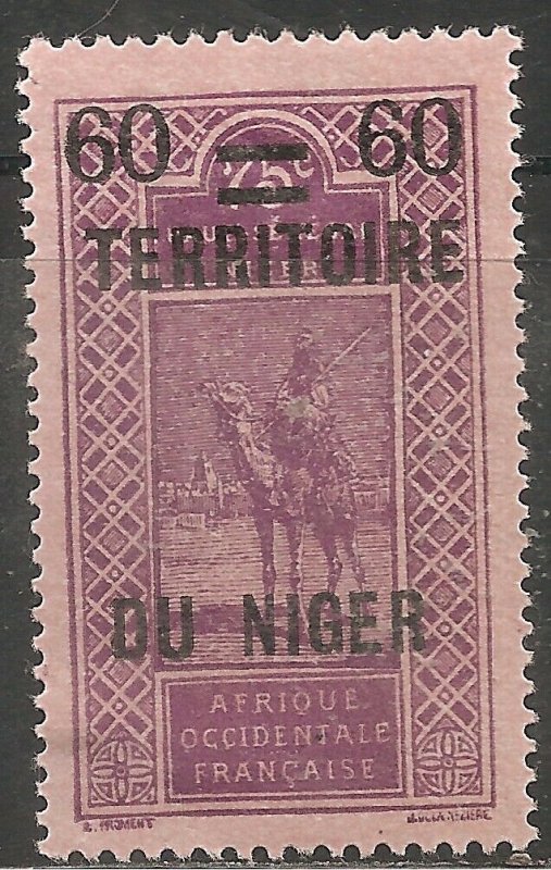 Niger Stamp - Scott #25/A1 Surcharged 60c on 75c Violet, pinkish OG Mint/LH 1922