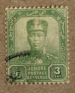 Malaya Johore 1925 3c green Sultan Ibrahim, used. Scott 104, CV $6.25. SG 106