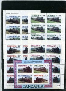 TANZANIA 1985 LOCOMOTIVES/TRAINS 4 SHEETS OF 8 STAMPS & S/S MNH