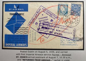 1939 Dublin Ireland First Imperial Flight Cover To St Johns Newfoundland