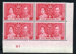 Malta SG215 1 1/2d Scarlet Plate A1 Block of 4 U/M