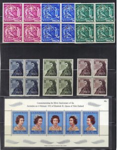 UK GB MALTA NEW ZEALAND 1964 70's COLLECTION MOSTLY BLOCKS OF 4 IN COMPLETE SETS