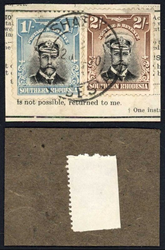Southern Rhodesia SG10 SG12 1/- and 2/- Perf 14 Used on Piece