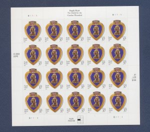 USA - Scott 3784 plate B1111 - MNH sheet of 20 - 37 cente - Purple Heart -2003
